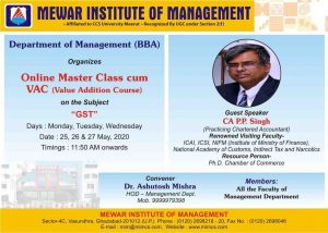 Online Master Class cum VAC(Value Addition Course) on the Subject "GST" @ MEWAR INSTITUTE OF MANAGEMENT